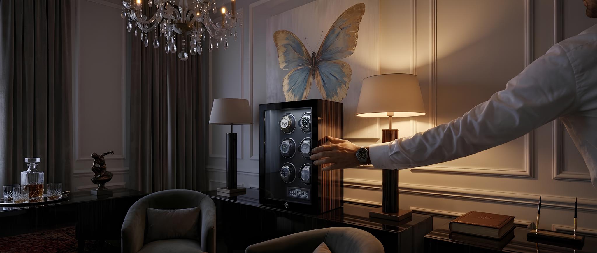 A watch winder in a panelled salon